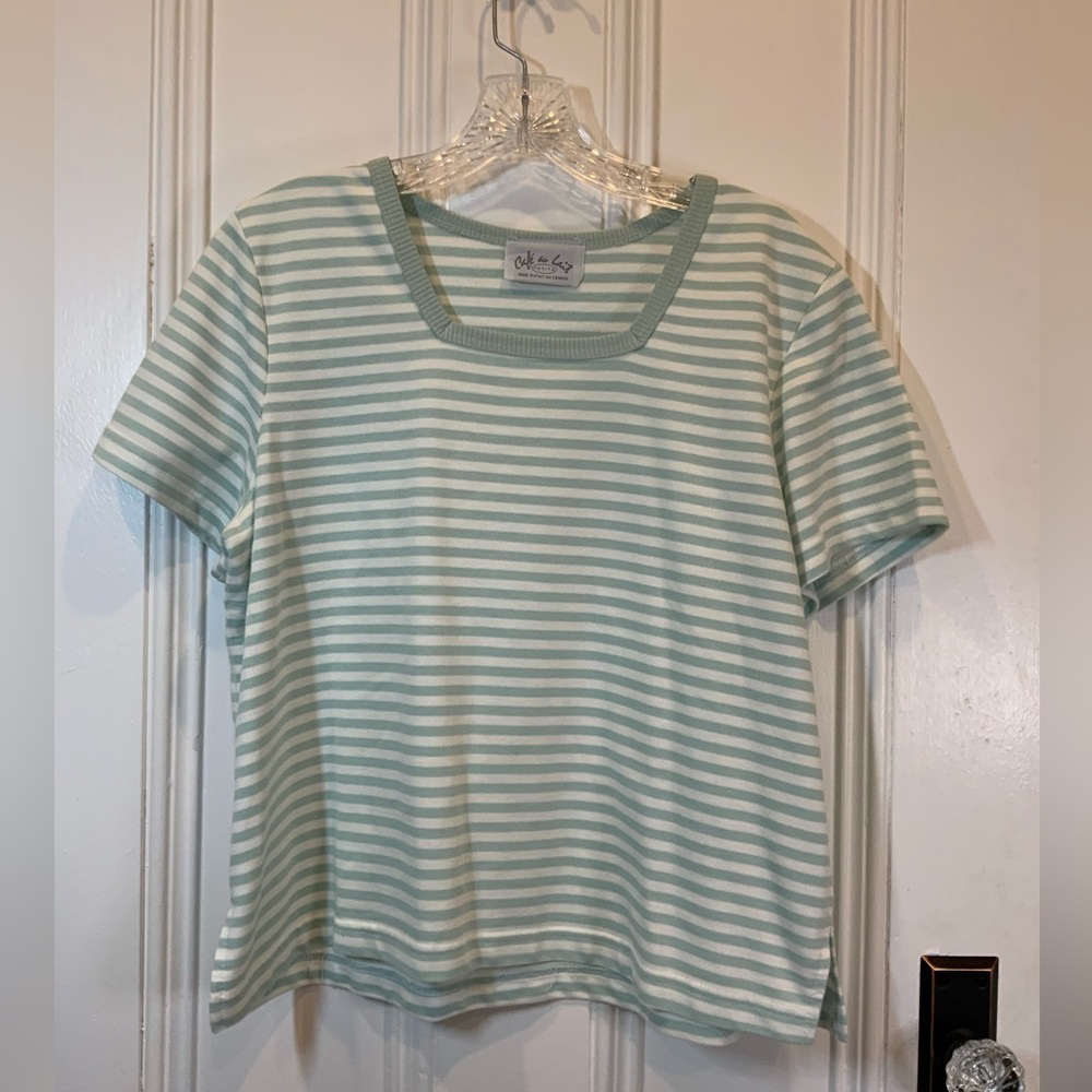 Cafe Au Lait Square Neck Aqua and White Striped 100% Prima Cotton Top - Size L